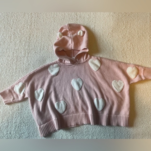 GAP Other - GAP sweater poncho, pale pink w/white hearts. Teddy bear ears on hood. Sz 3T